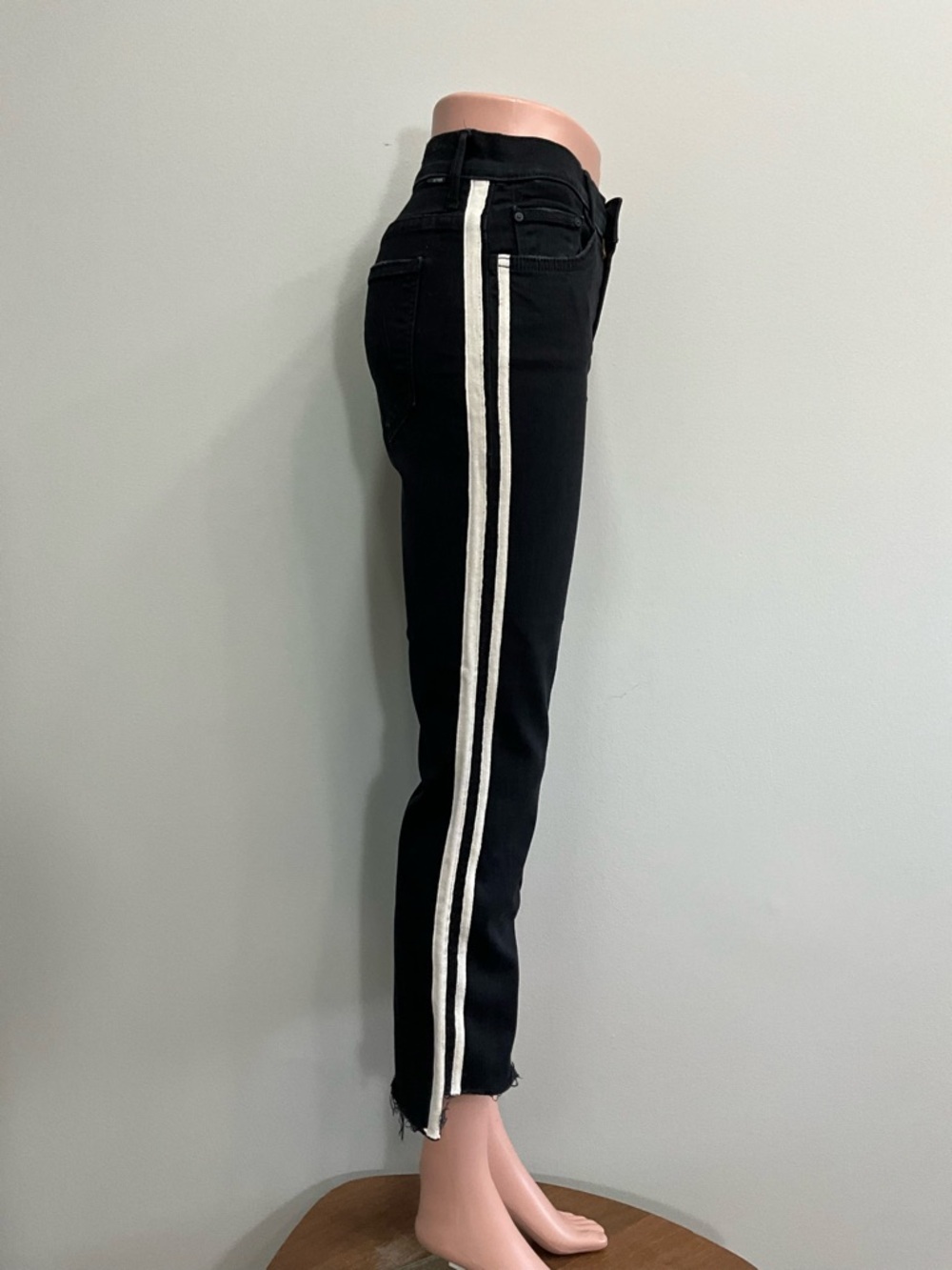 MOTHER Insider Crop Step Fray Black Jeans White Side Stripe Size 27